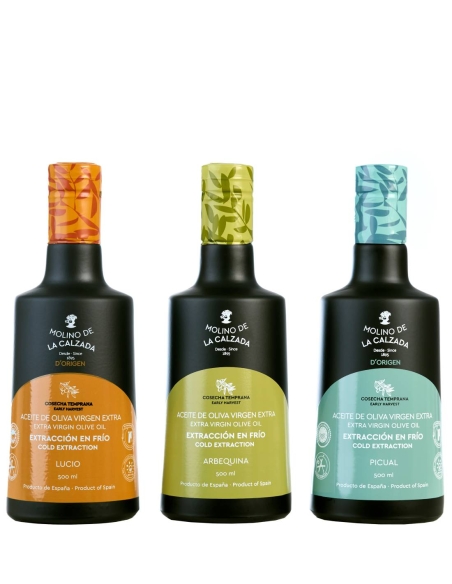 Molino de la Calzada Lucio, Arbequina und Picual Packung mit 3 Glasflaschen 500 ml.