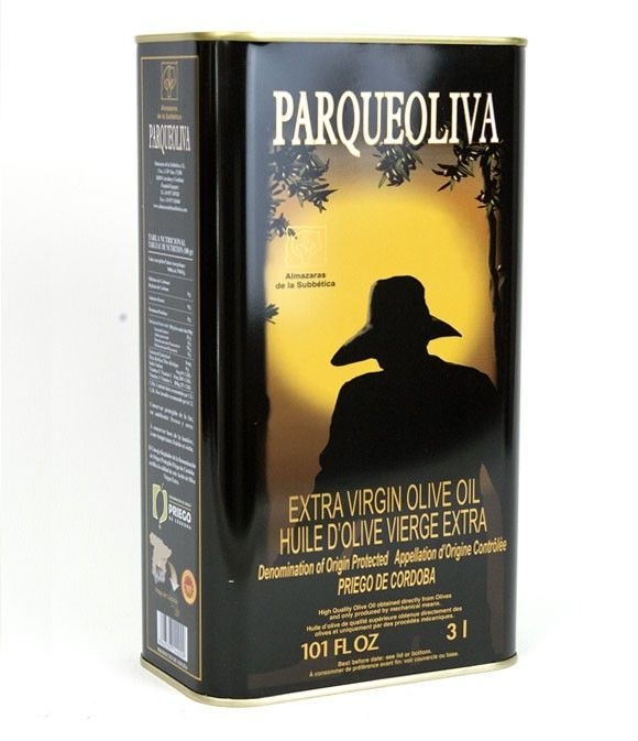 Verkauf von Olivenöl parqueoliva schwarzen Hintergrund ist eine Dose von 3 Liter