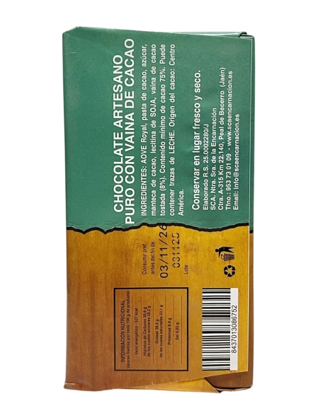 SCA Encarnación Chocolate 75% Cacao con Vaina de Cacao y AOVE Esencial Royal 115 gr.
