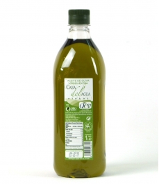 Gold Olivenöl Tanzhaus Wasserzeichen transparente Kunststoffflasche, die den Inhalt von 1 l zeigt.