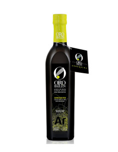 schwarze Flasche enthält arbequina Olivenöl zum Verkauf der Marke Gold Kaution ist 500 ml
