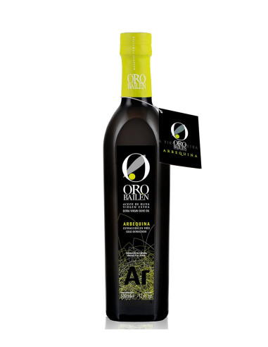 schwarze Flasche enthält arbequina Olivenöl zum Verkauf der Marke Gold Kaution ist 500 ml