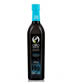 Gold Olivenöl Bailén Familienreservat Hojiblanca schwarze Flasche mit blauem Hintergrund