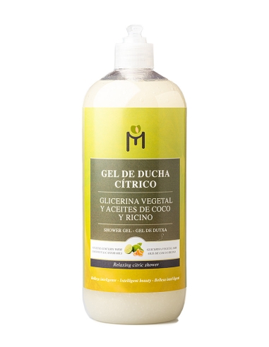 MontRos Cometics Gel de ducha ecológico de Glicerina vegetal, Aceites de coco y ricino, Lima y Mandarina - Botella 1 l.