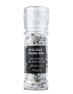 Sal de Añana Sal Mineral de Manantial con Aceitunas Negras - Molinillo 75 gr.